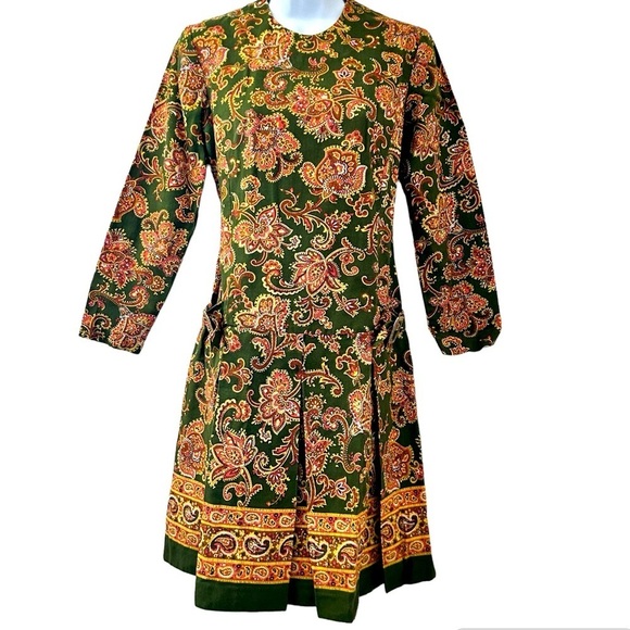 MODE O’DAY Vintage 60s Green Orange Mod Psychedelic Paisley Drop Waist Dress M - Picture 1 of 12